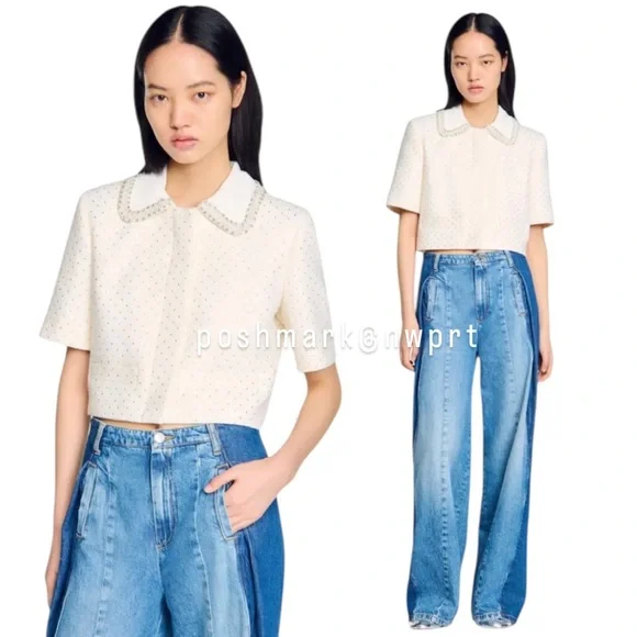 NWT 💯 SANDRO Paris Lahavane Rhinestone Crop Blazer Jacket Blouse Top 34 0 XS - Picture 2 of 13